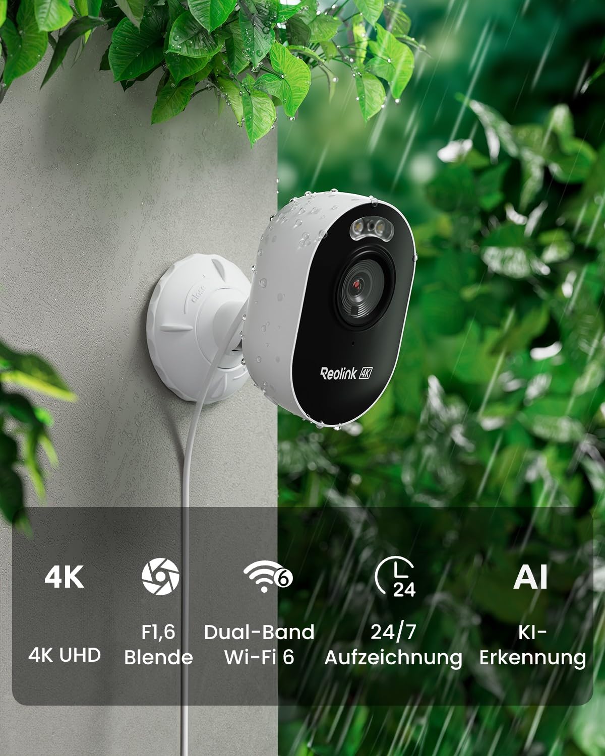 Reolink 4K Wi-Fi 6 Überwachungskamera Aussen mit 2,4/5GHz Dual-Band Wi-Fi | Farb-Nachtsicht, Plug-In WLAN Kamera Outdoor mit 24/7-Aufzeichnung, Intelligente Erkennung, Sirene, Wetterfest, Lumus Pro
