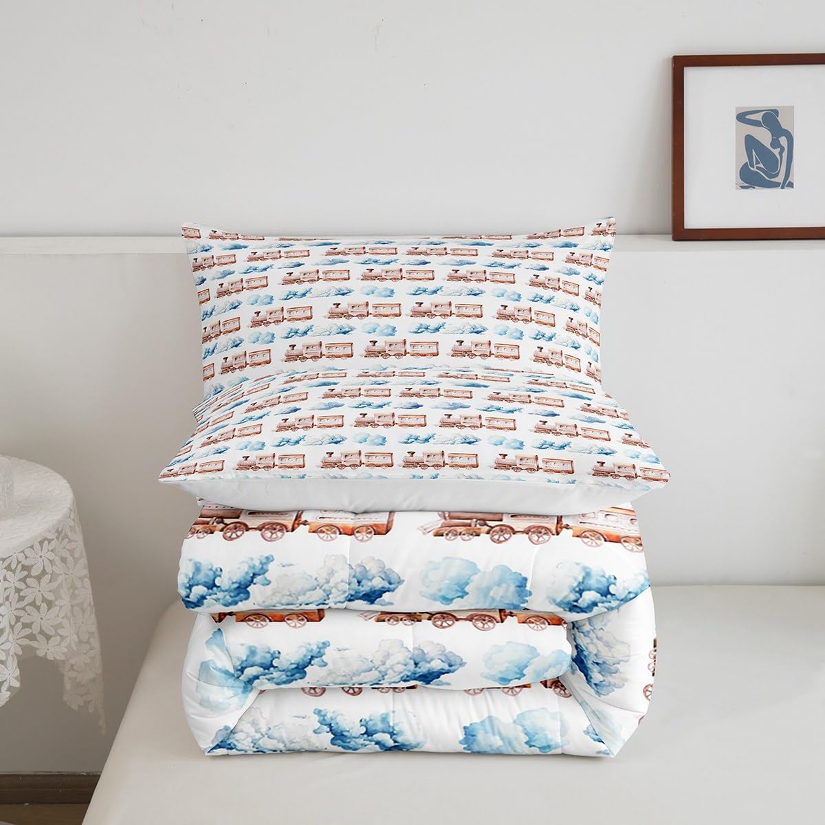 Erosebridal Watercolor Train Bedding Set Twin for Toddler Kids Steam Engine Comforter Set, Dreaming Blue Cloud Duvet Insert Car Theme Quilt Comforter, Railway Vehicle Bedding Comforters & Sets 2pcs