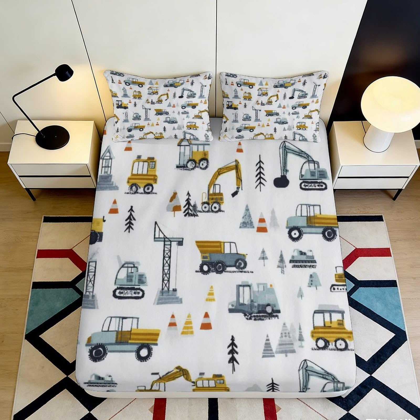 3D Printed Construction Vehicles Fitted Sheet Microfiber Soft Anti-Slip Excavator Mattress Cover for Bedroom Guest Room 160x200x25cm