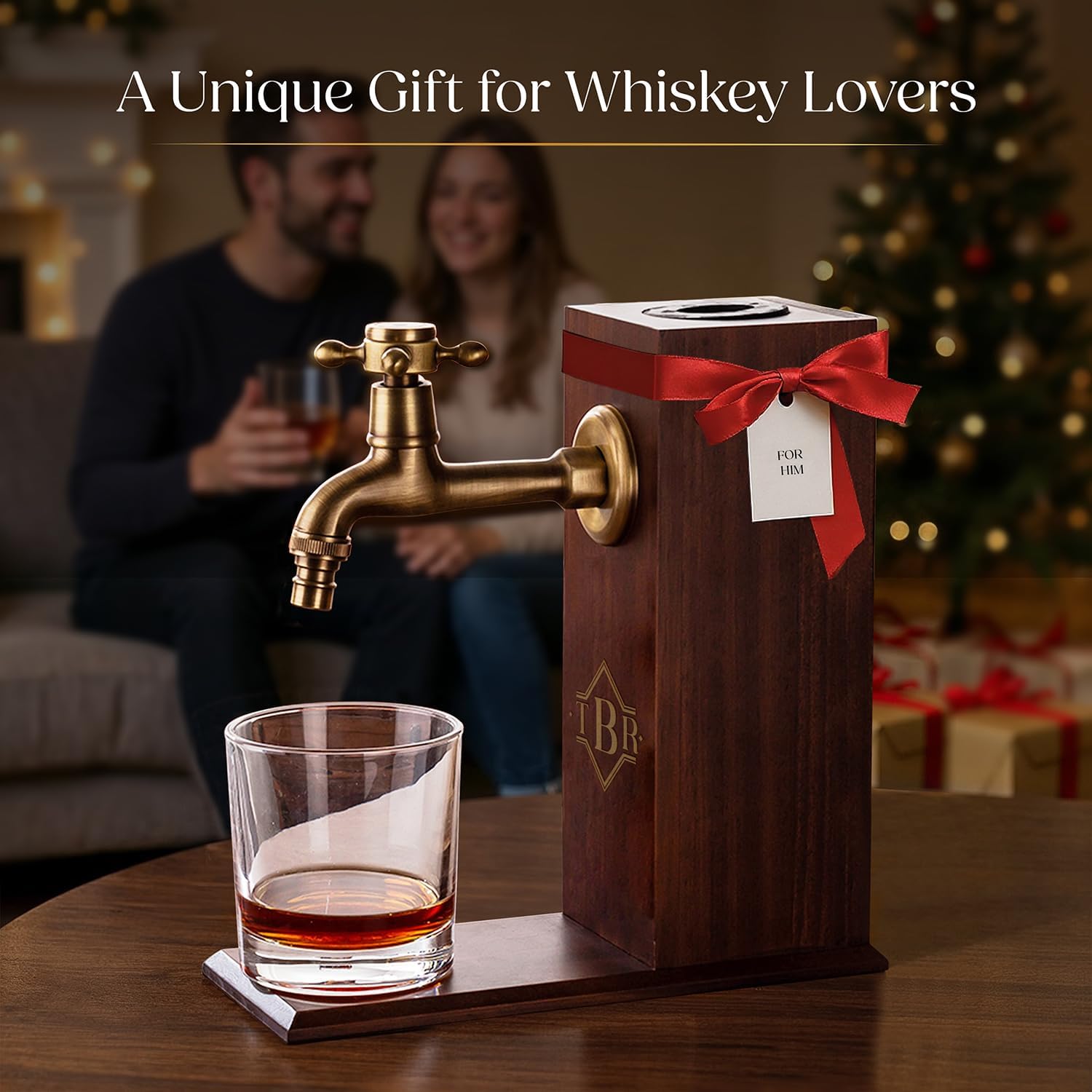 Custom Engraved Simplistic Monogram 6 Options, Liquor/Bourbon Wooden Whiskey Dispenser Personalized Drink Pourer Premium Home Bar Gift for Men, Husband, Dad