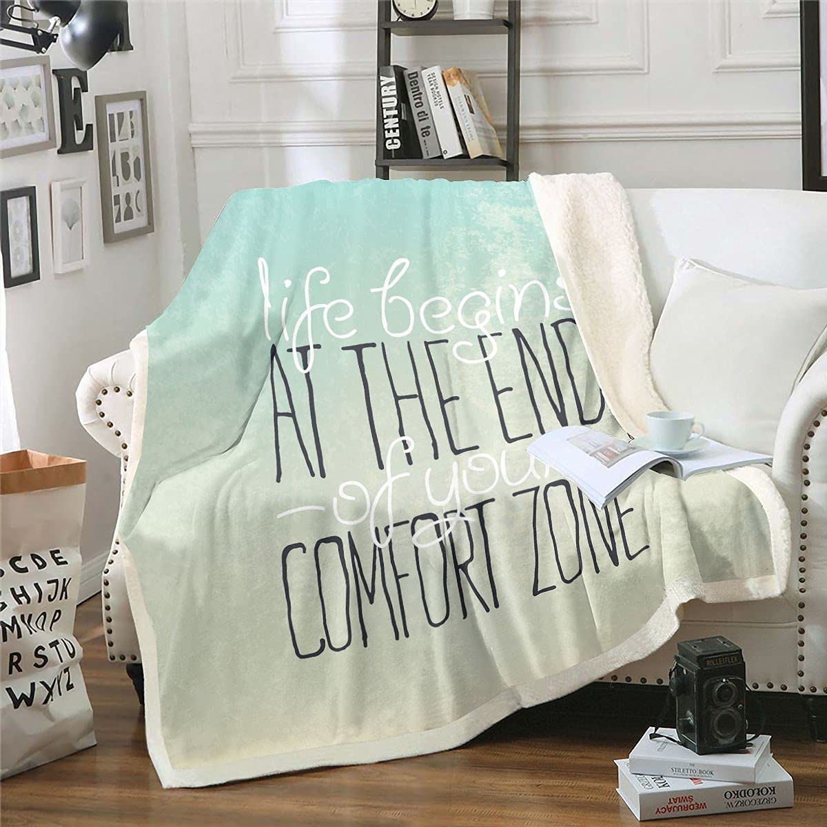 Lifestyle Sherpa Blanket Motivational Life Begins At The End Of Your Comfort Zone Words Fleece Throw Blanket Kids Girls Boys Mint Fuzzy Blanket for Sofa Bed,Double 60x79 Inch