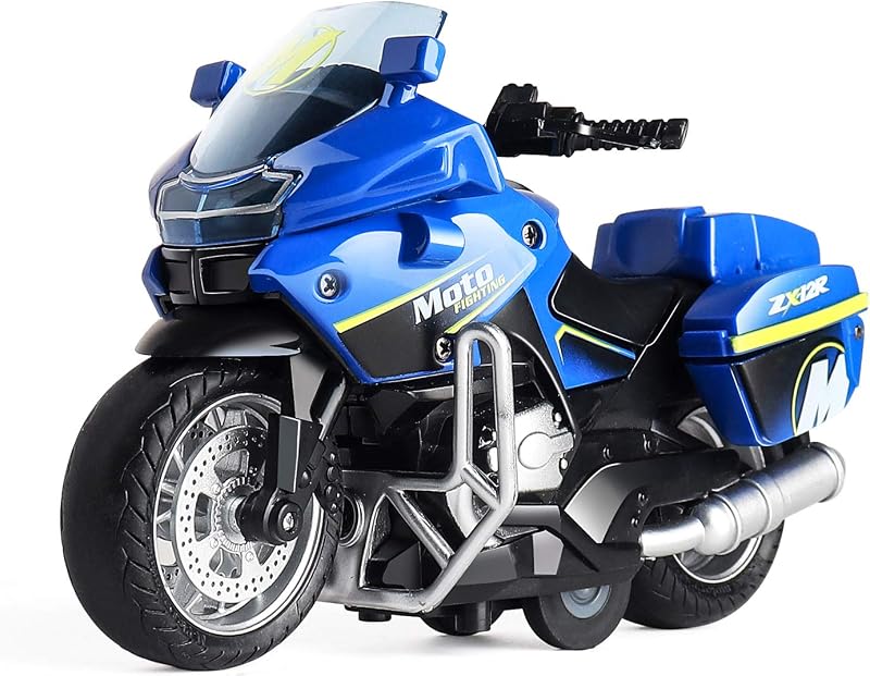 Police Motorcycle Toy with Sound and Light for Kids 3 4 5 6 | 1:12 Scale Diecast Pull Back Toy Motorcycle for Kids Boy and Collectors (Blue)