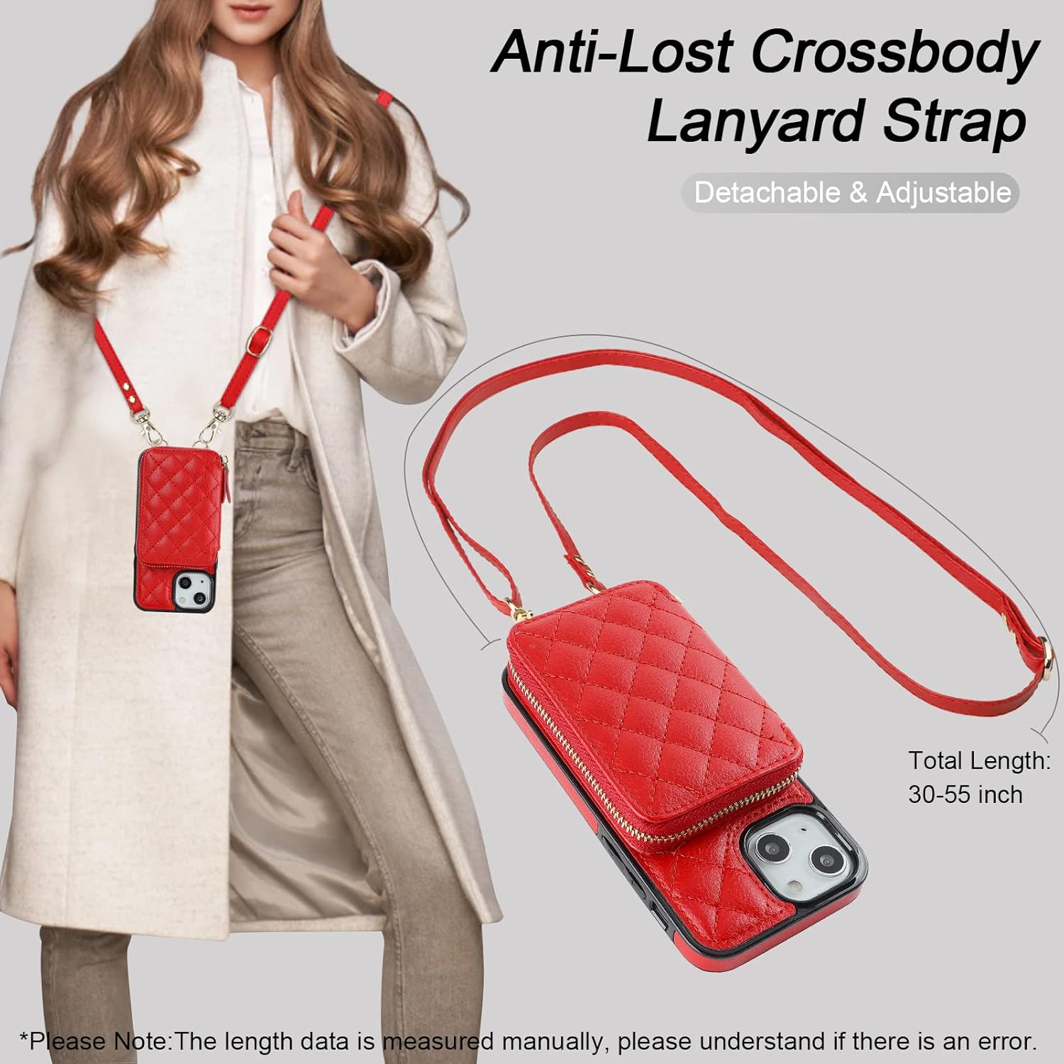 Bocasal Crossbody Wallet Case for iPhone 13 Mini, RFID Blocking PU Leather Zipper Handbag Purse Flip Cover, Kickstand Folio Case with Card Slots Holder Wrist Strap Lanyard 5G 5.4 Inch (Red)