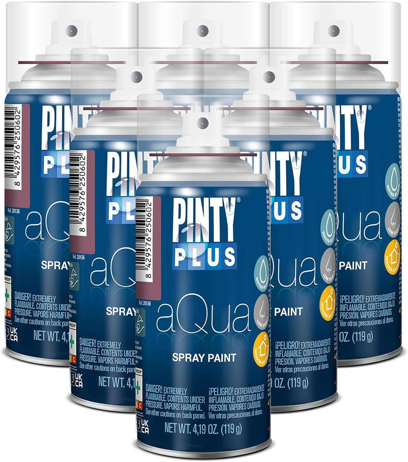 PINTY PLUS Aqua Mini Spray Paint - Art Set of 6 Water Based 4.2oz Cans. Ultra Matte Finish. Perfect For Arts & Crafts. Works on Plastic, Metal, Wood, Cardboard