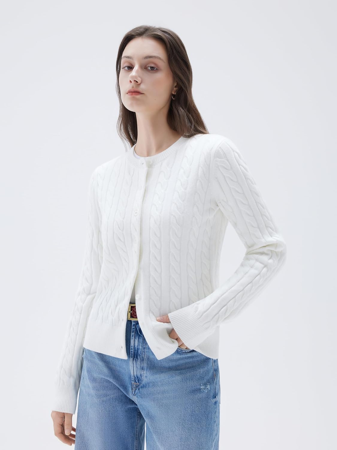 SUUKSESS Women Cable Knit Cashmere Blend Sweaters Crew Neck Button Up Chunky Cardigan Long Sleeve Fall Outfits - Image 5