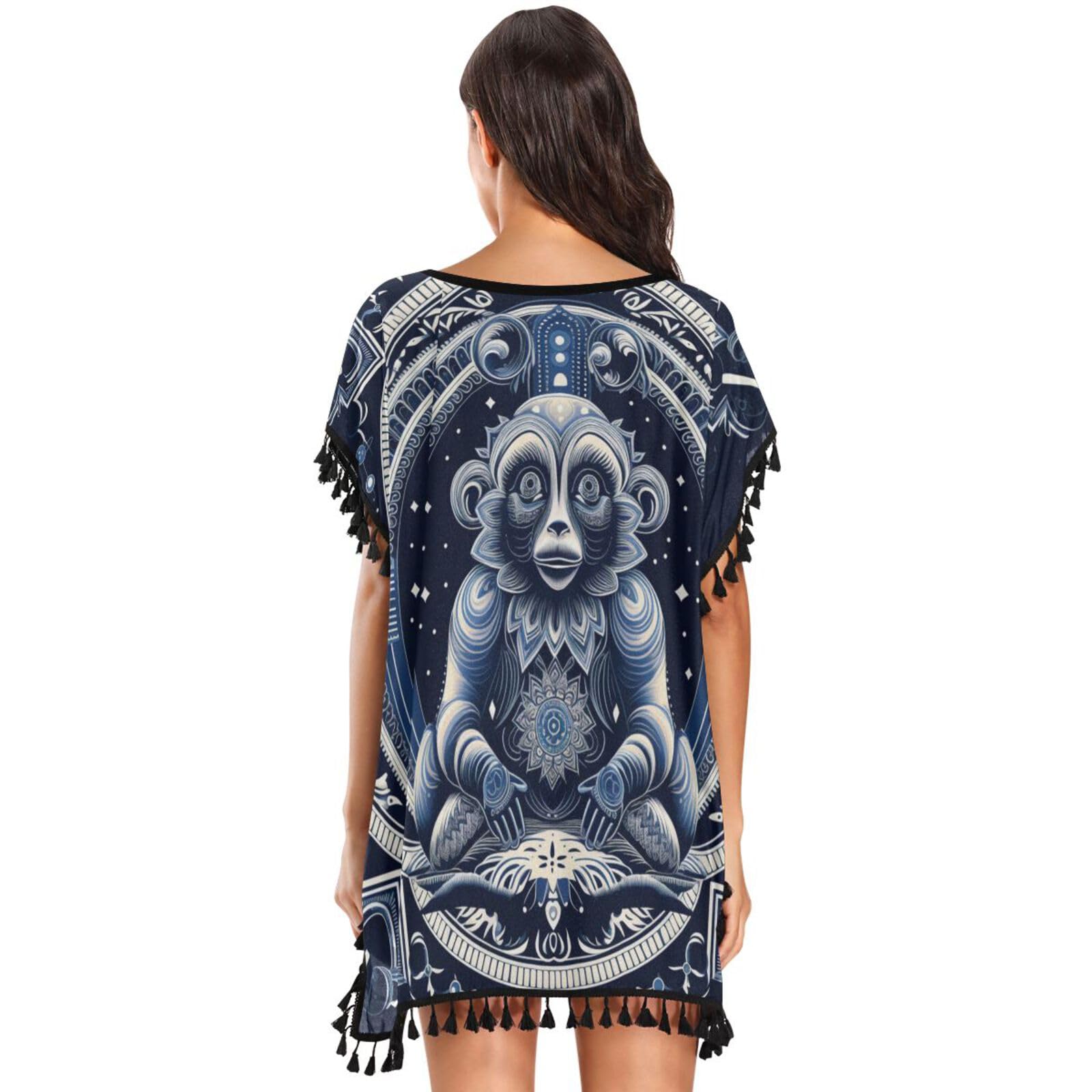 Abstract Monkey Art Women's Beach Cover Up Chiffon Tassel Swimwear Swimsuit Coverups for Girl