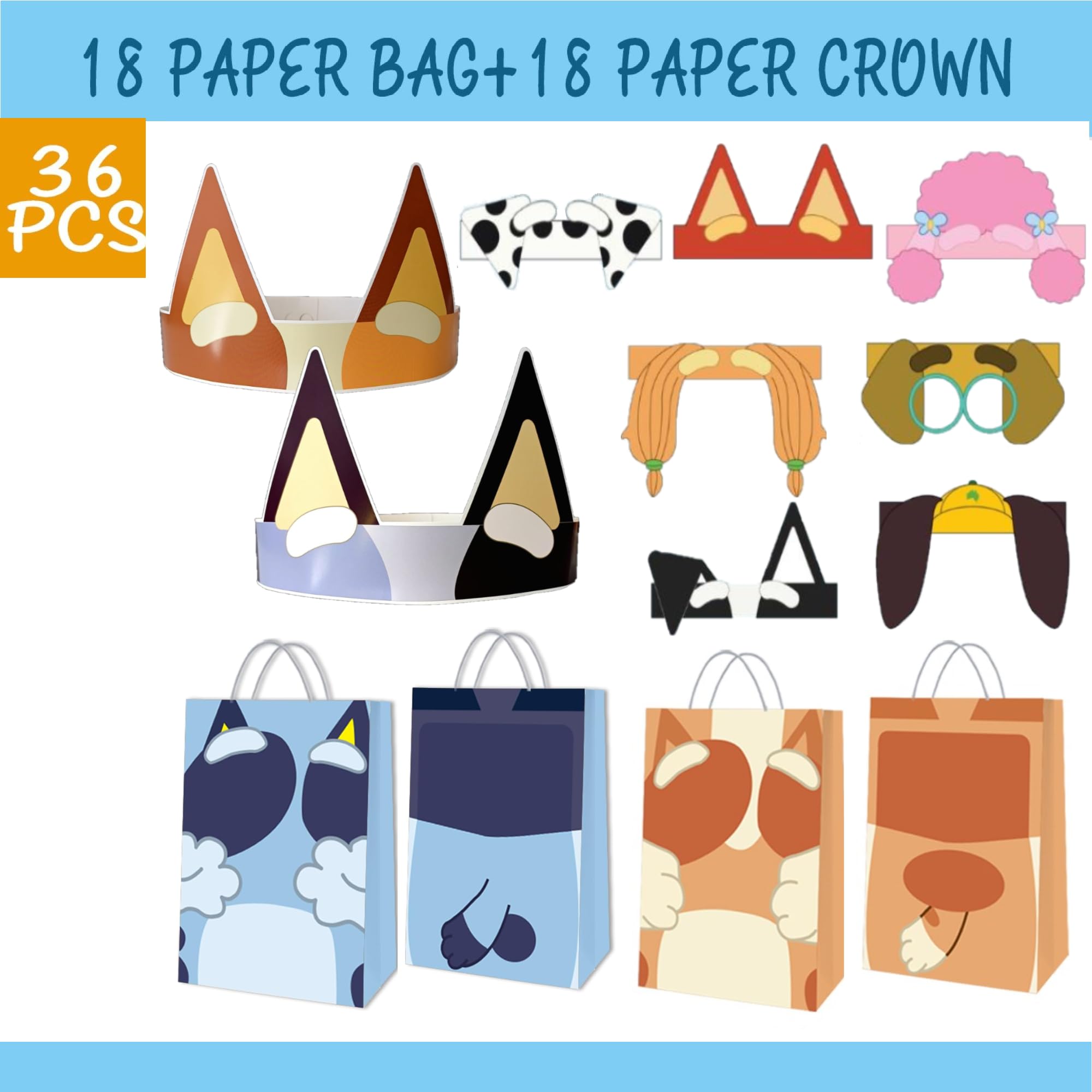 HANEI 36 Pcs Blue Dog Birthday Party Supplies - 18 Goodie Bags and 18 Blue Dog & Friends Paper Crowns Headbands Party Favors