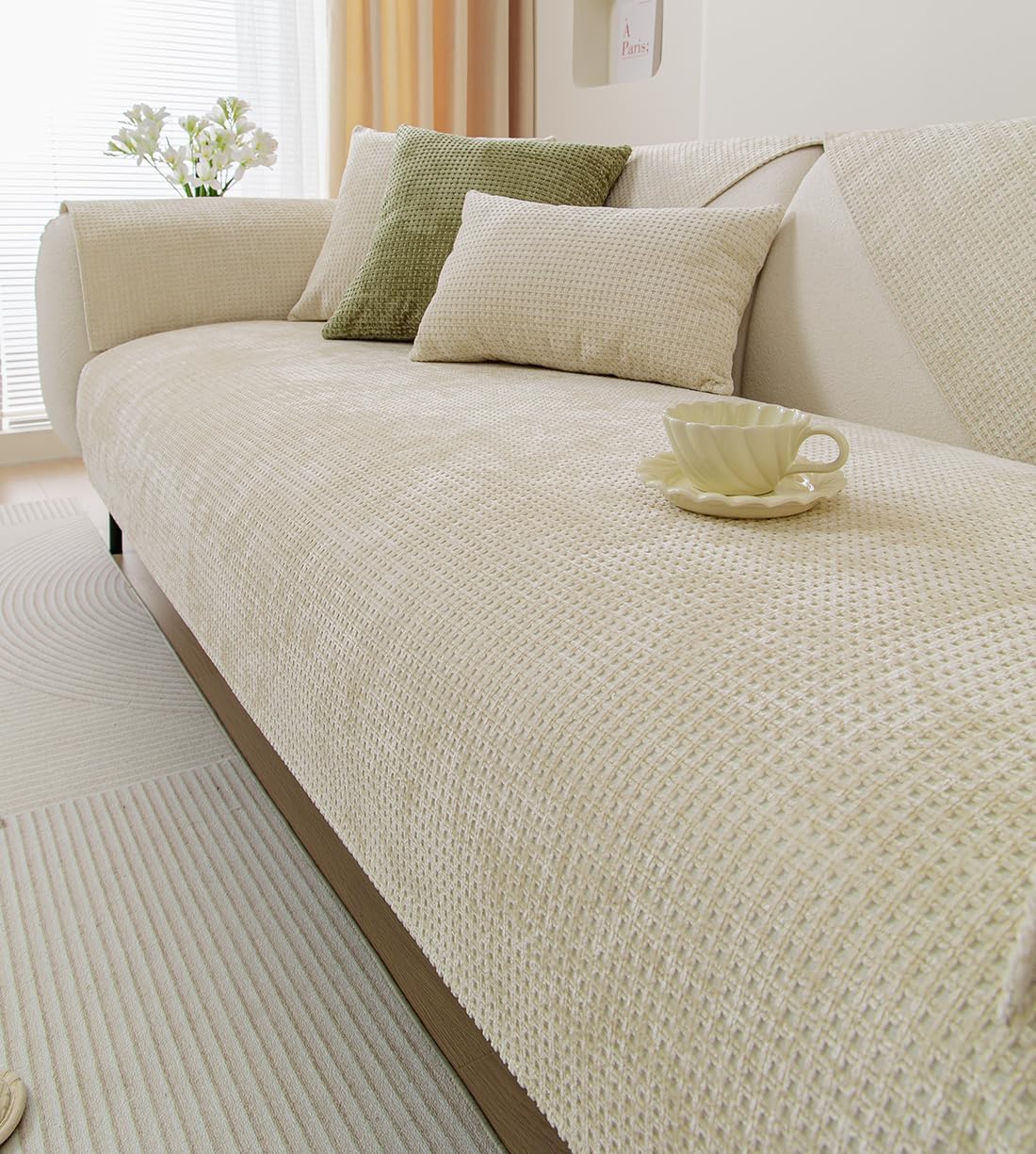 vctops Farmhouse Plaid Chenille Couch Sofa Cover Super Soft Plush Sectional Couch Covers Anti-Slip Solid Sofa Slipcover for Dogs, Children, Pets Furniture Protector (Beige,36"x94")