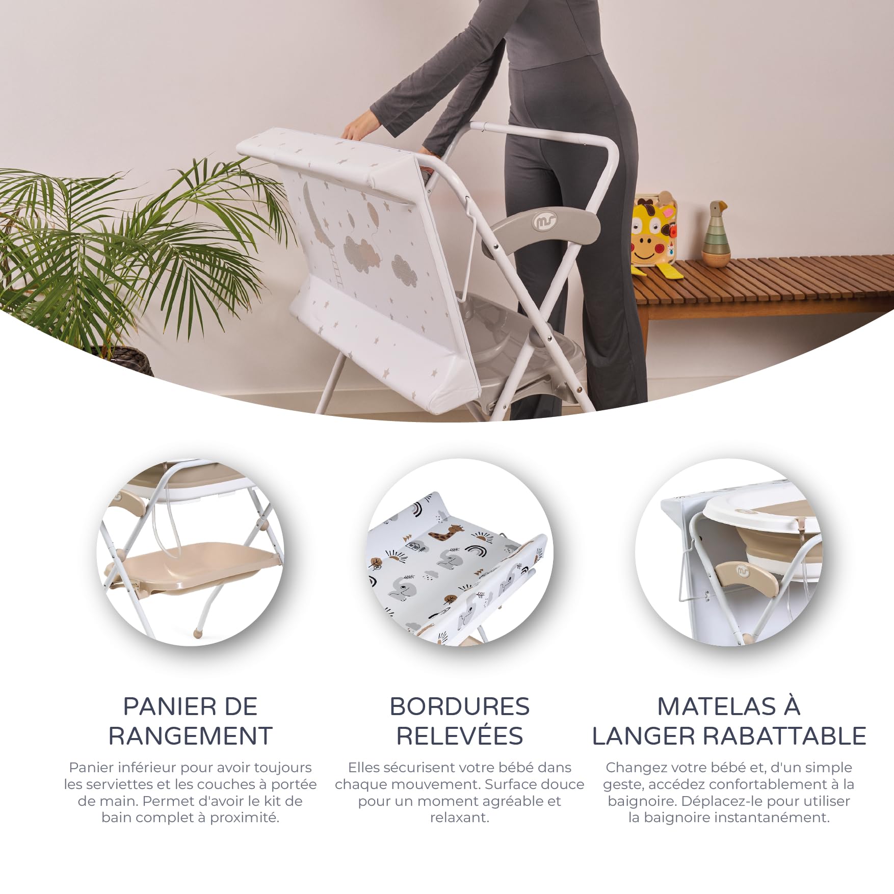 MS BabyWorld - Baignoire haute ZOE + Réducteur | Matelas à langer, coussin réducteur et panier | Confortable et facile à ranger | Avec bouchon et tuyau de vidange, pieds antidérapants, Pliable (Beige)