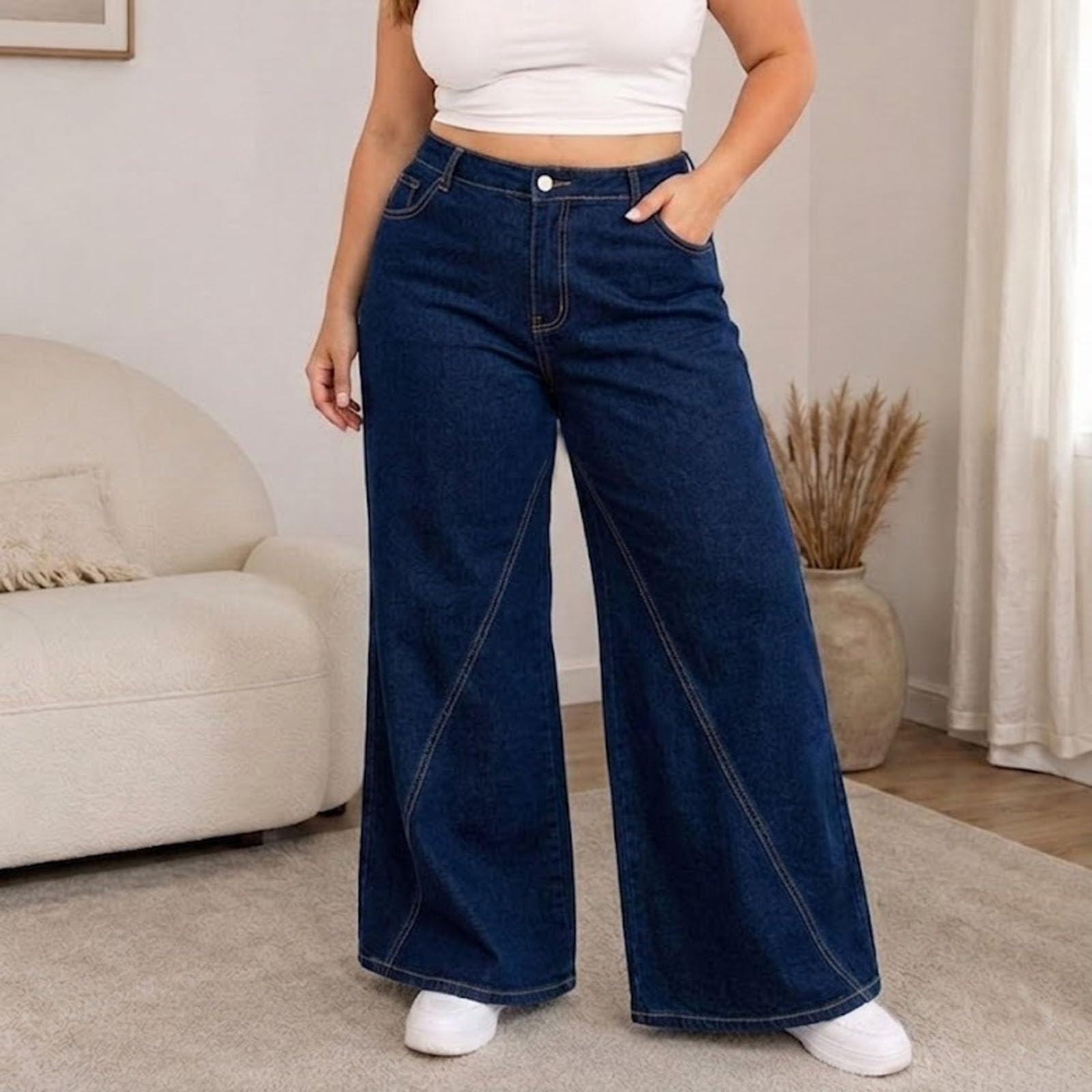 Vaqueros Mujer Rectos Tiro Alto Pantalón Vaquero Mujer Anchos Elasticos Vaqueros con Bolsillo Pierna Recta Holgados Regular Verano Primavera Cotidiano Jeans con Bolsillo Deportes