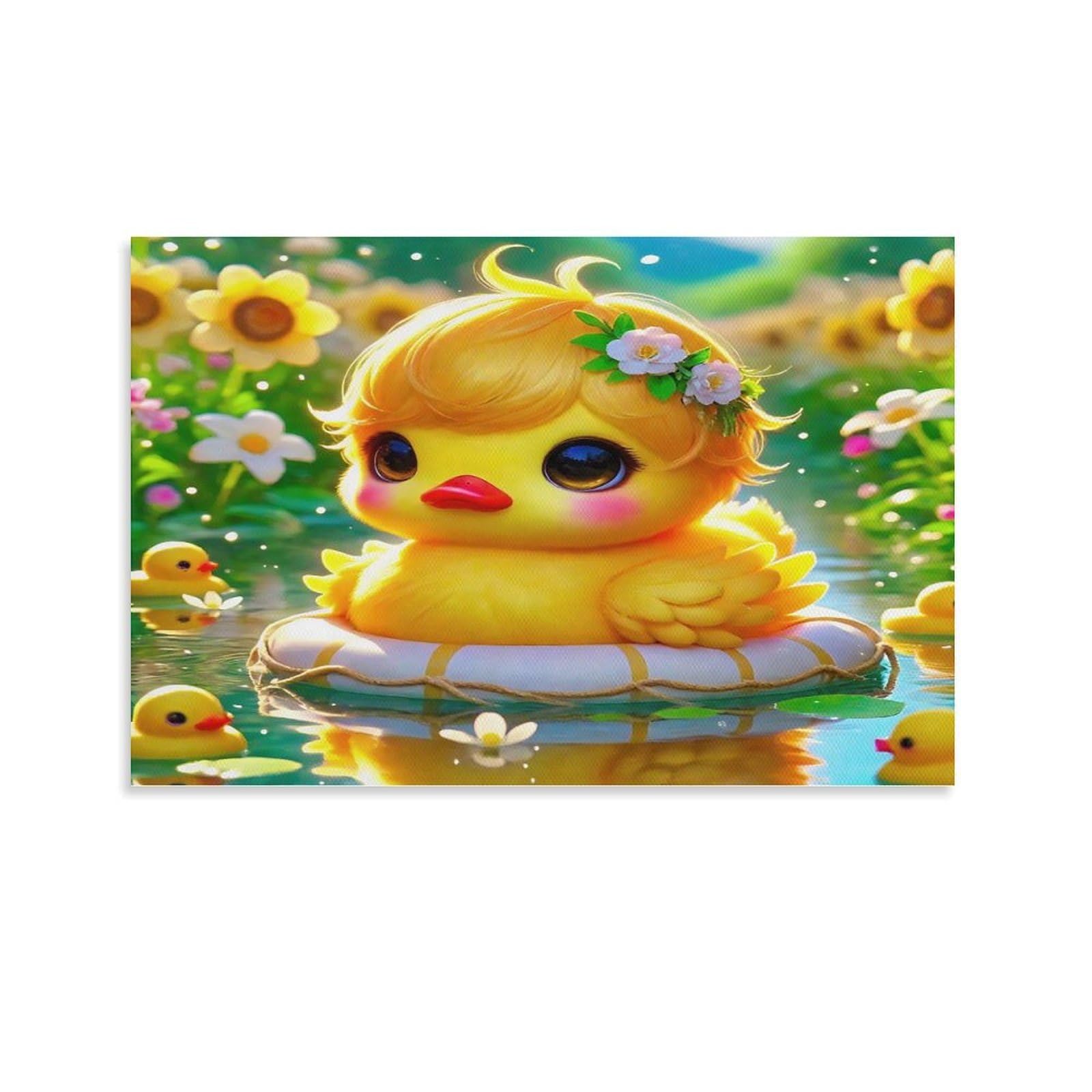 CPLVKWRQJ Cute Chick Crying Individual Yellow Duckling Sunflower Lily Pond Wall Art Decor - Office Wall Focal Art Multi-Purpose Fade Resistant Decor 16x24inch(40x60cm)