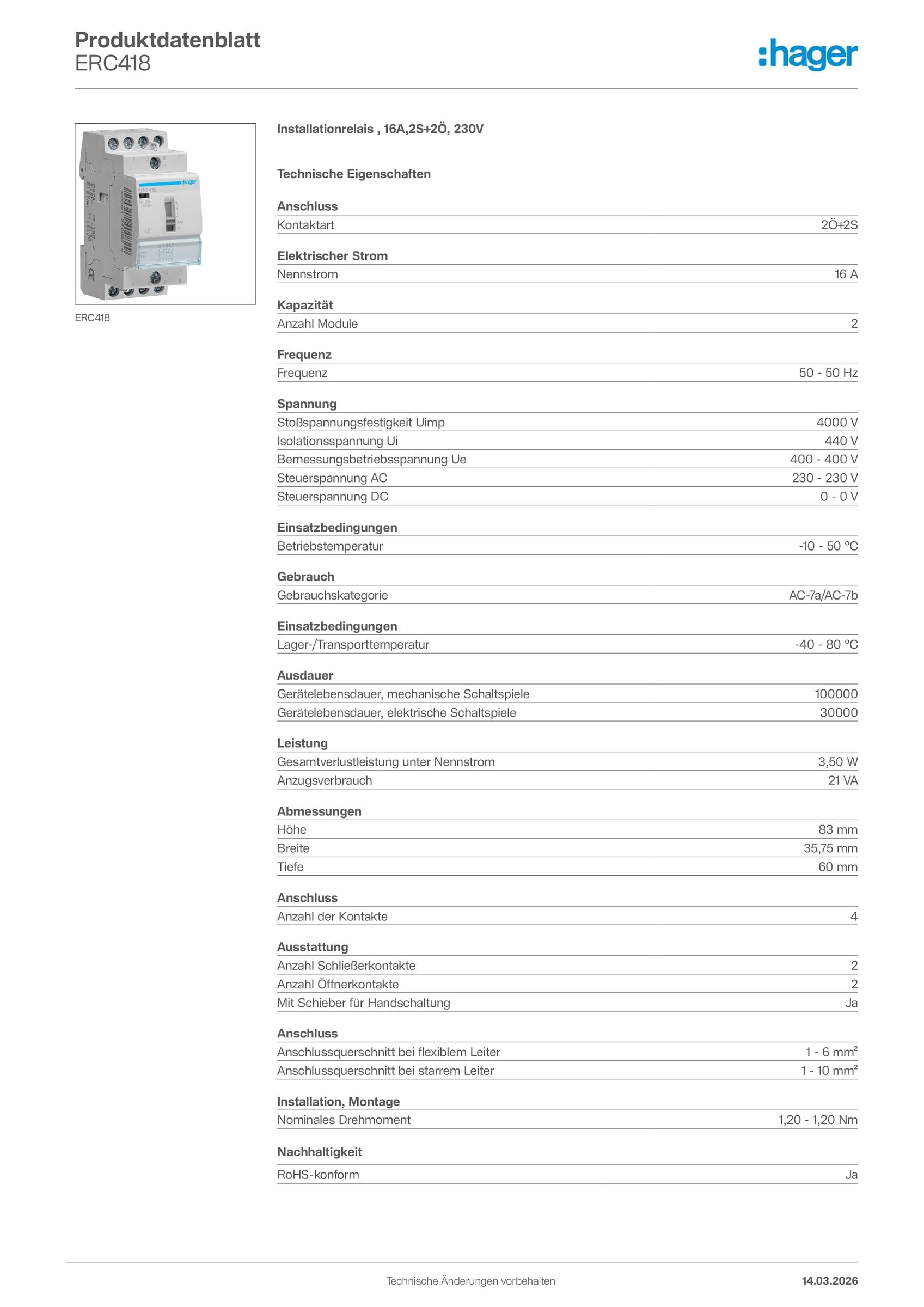Relé de mando, 16A, 2NA+2NC, 230V