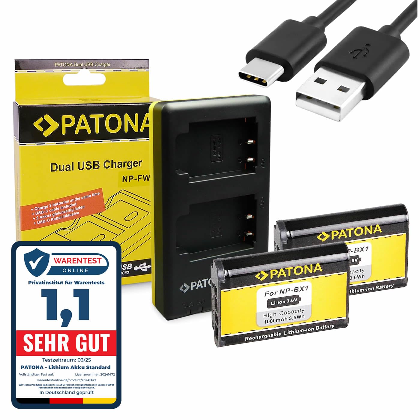 PATONA Cargador Doble con 2X Batería NP-BX1 reemplazo para Sony NPBX1 BX1 baterías Compatible con Sony DSC-RX1R DSC-HX50 DSC-HX60 DSC-HX300 DSC-WX500 DSC-RX100 II III IV V