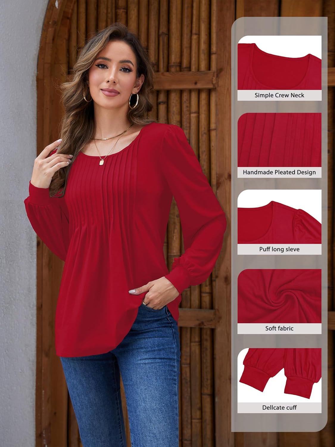 Long Sleeve Shirts For Women Fall Fashion 2025 Womens Tunic Tops Pleated Crew Neck Puff Sleeve Blouses Dressy Casual - Image 5