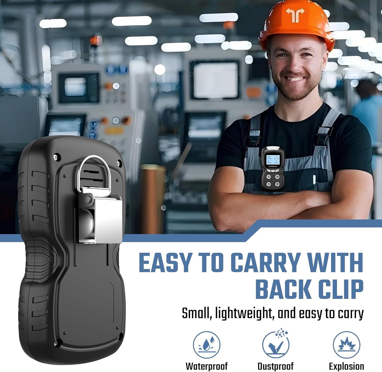 Gas detector attached to a worker's clothing with a back clip