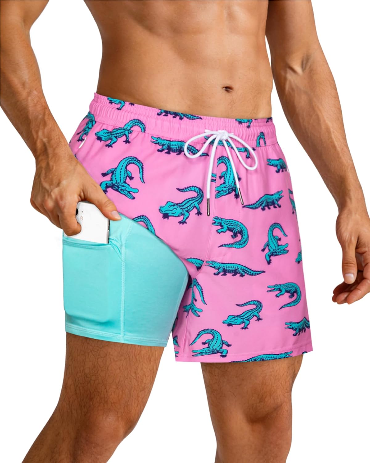 SURF CUZ Mens Swim Trunks with Compression Liner Swimming Trunks 5 Inch Bathing Suit Zipper Pockets Quick Dry Swim Shorts