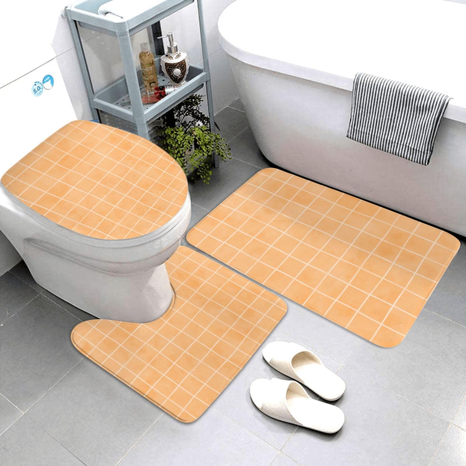 Tapis de bain lot de 3 avec motif grille moderne en forme de U