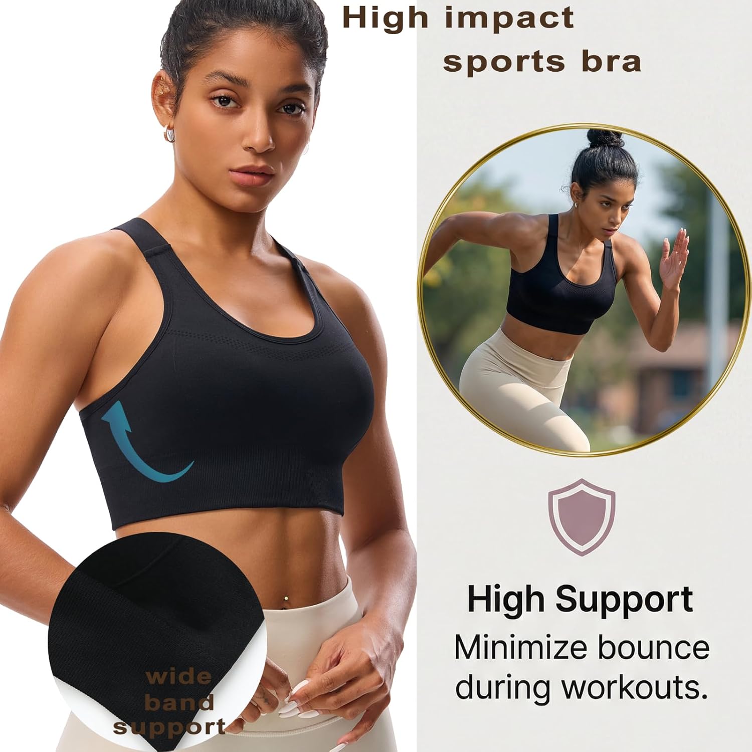 Sports Bras for Women High Support Racerback Seamless Sports Bra Adjustable Straps Yoga Bra Padded Workout Bra (US, Alpha, Large, Regular, Regular, Black1)