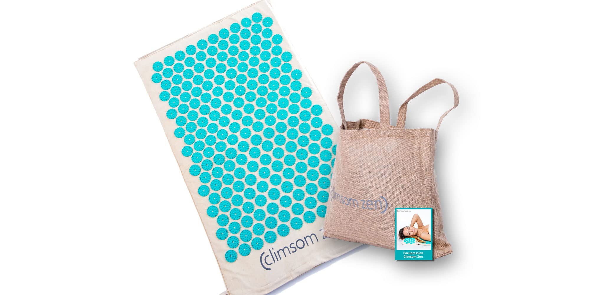 CLIMSOM Zen – Tapis d’acupression, textiles 100% naturels et biologiques, sac en toile de jute et livret de conseils inclus, massage du dos à domicile (Bleu-Vert)