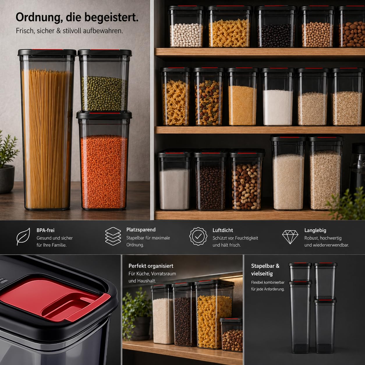 Set di 8 barattoli ermetici, senza BPA, 1600 ml, 14 x 16 x 10,8 cm, impilabili, da cucina, con coperchio trasparente, diverse misure