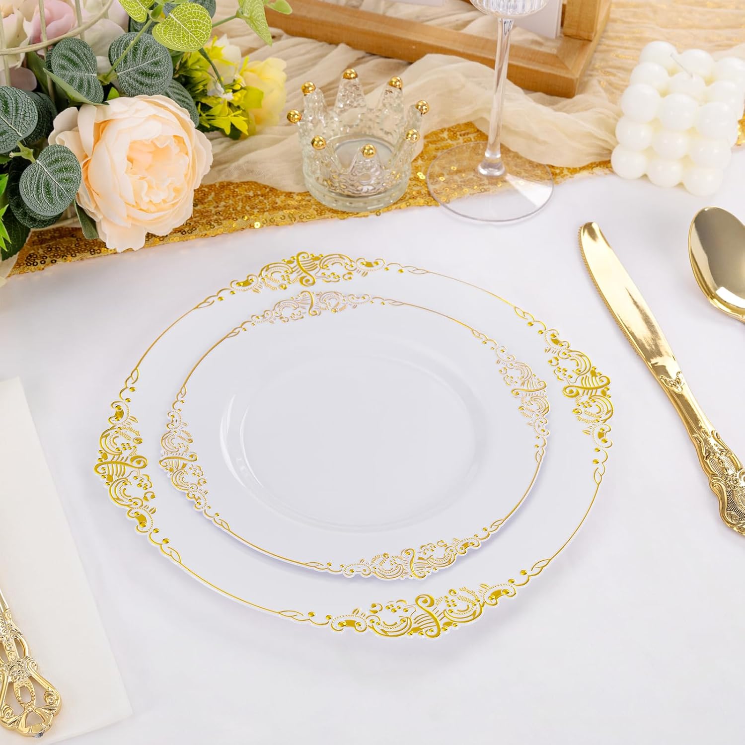 200PCS White and Gold Plates - Gold Plastic Plates - Fancy Disposable Plate - Gorgeous Dinner & Dessert Plate for 100 Guests for Wedding & Party - Image 6