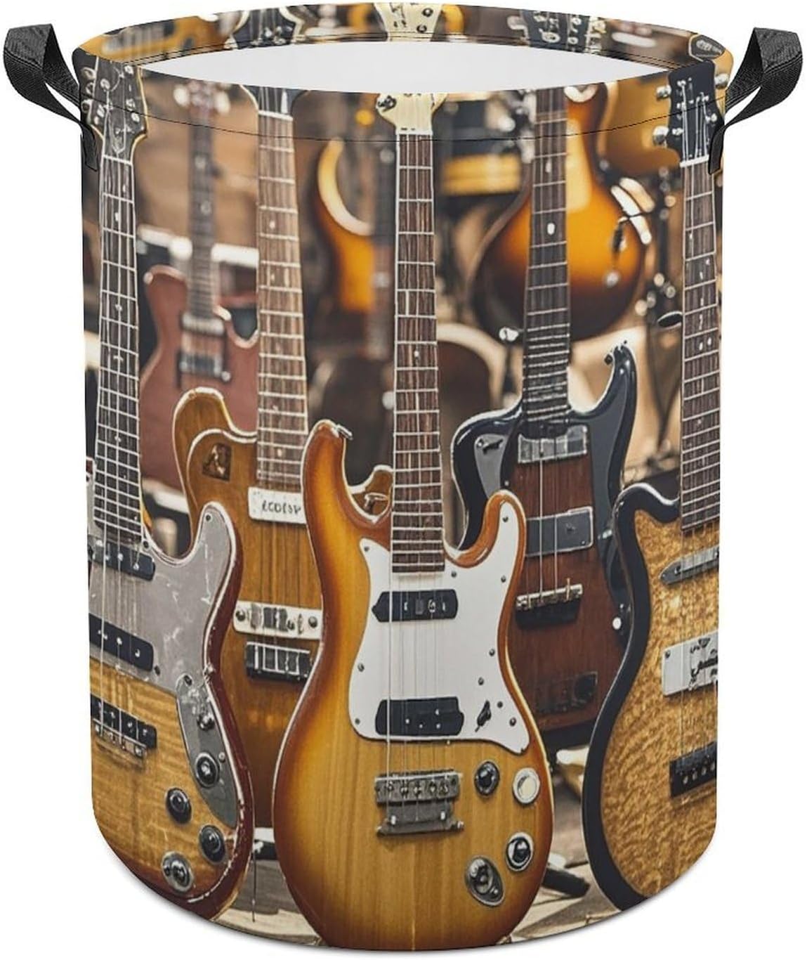 Guitar Bass Music Musical Instruments Laundry Basket with Handles, Laundry Hamper with Internal Support, Foldable Waterproof Clothes Hamper 44x35cm for Bedroom, Bathroom, Laundry Room, Living Room