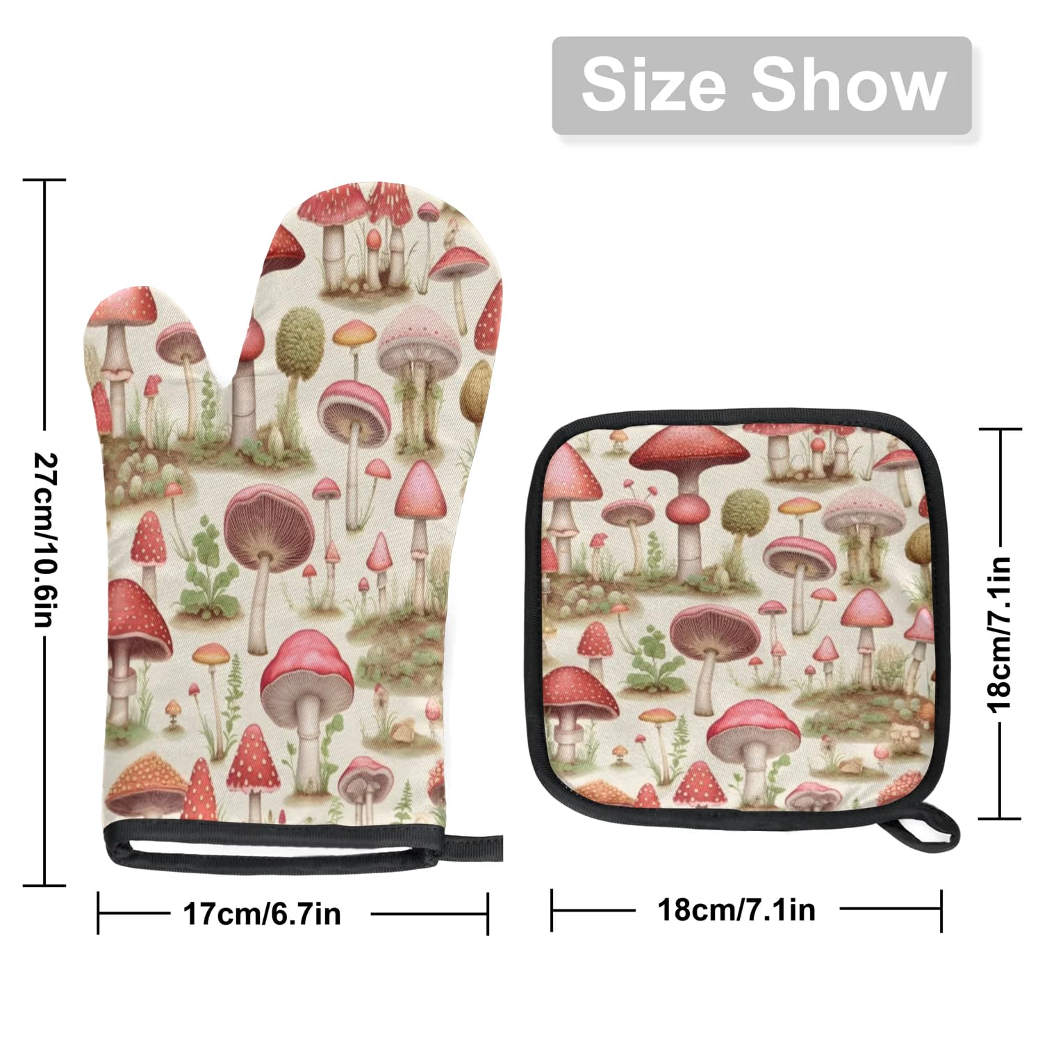 Watercolor Mushrooms Grassy Oven Mitts Kitchen Oven Gloves for Cooking Baking Heat Proof Lining Cotton Kitchen Potholder Mittens Pot Holders Hot Pads for Chef Women Men