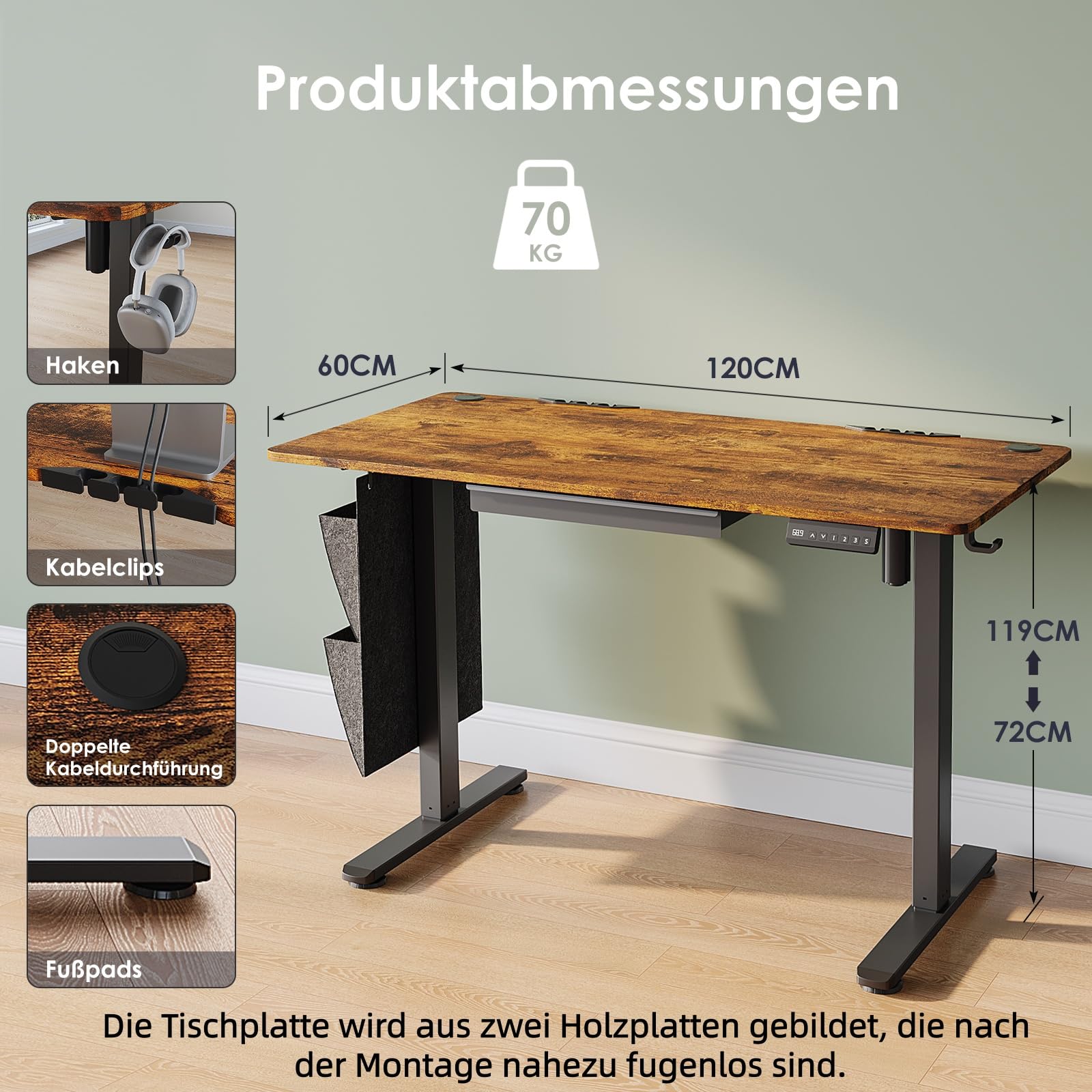 Schreibtisch Höhenverstellbar Elektrisch 120x60 cm, Braun | Steh-Sitz Tisch mit 3 Höhen Memory-Funktion, Verstellbarer Computertisch mit Schubladen für Heimbüro Studium