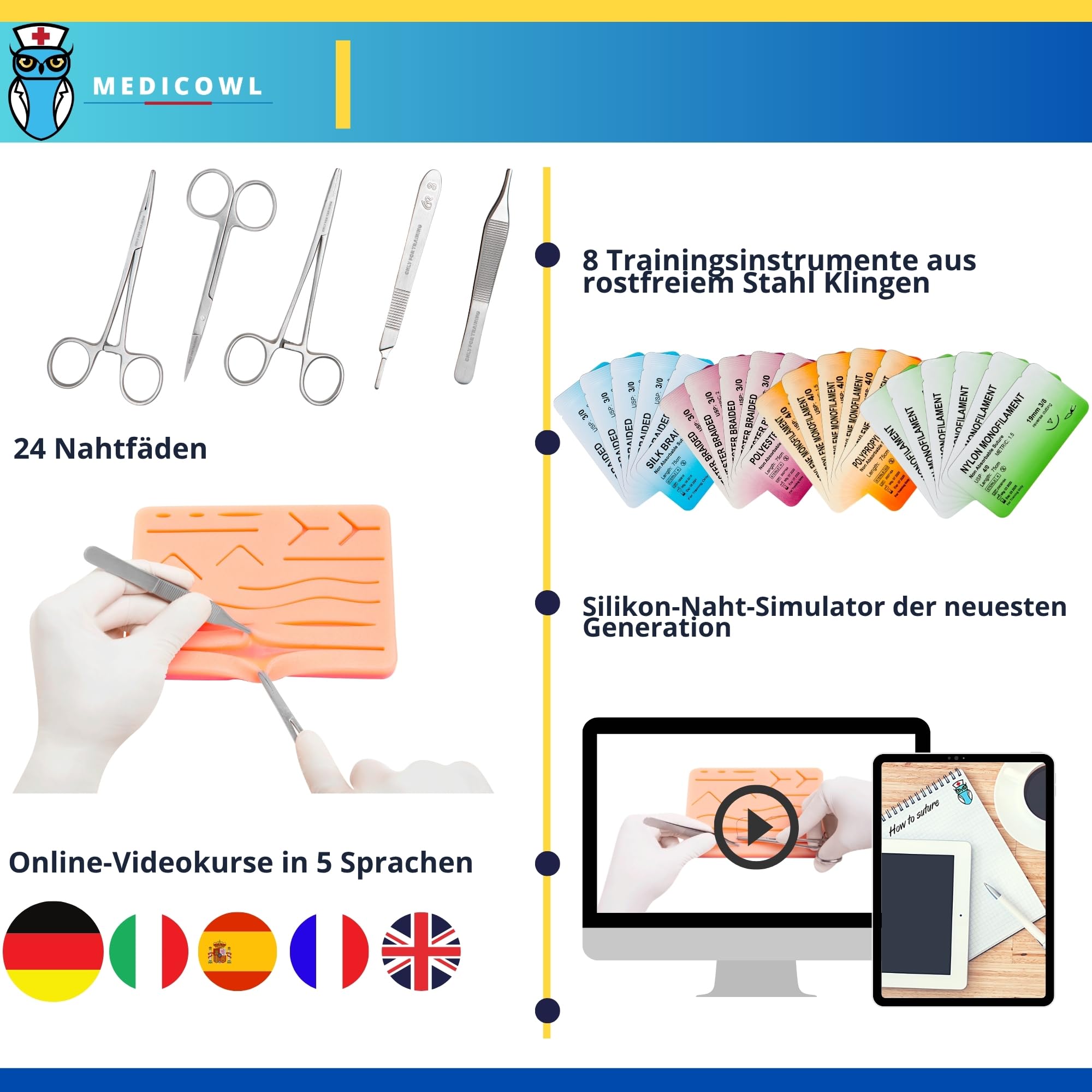Nahttrainingsset | Nahtschulung + Wundnaht-Videokurs auf deutsch | 33 Stück im Fächeretui | Silikon-Nahtsimulator || Wundnaht-Übungsset | Ideales Geschenk für Medizinstudenten
