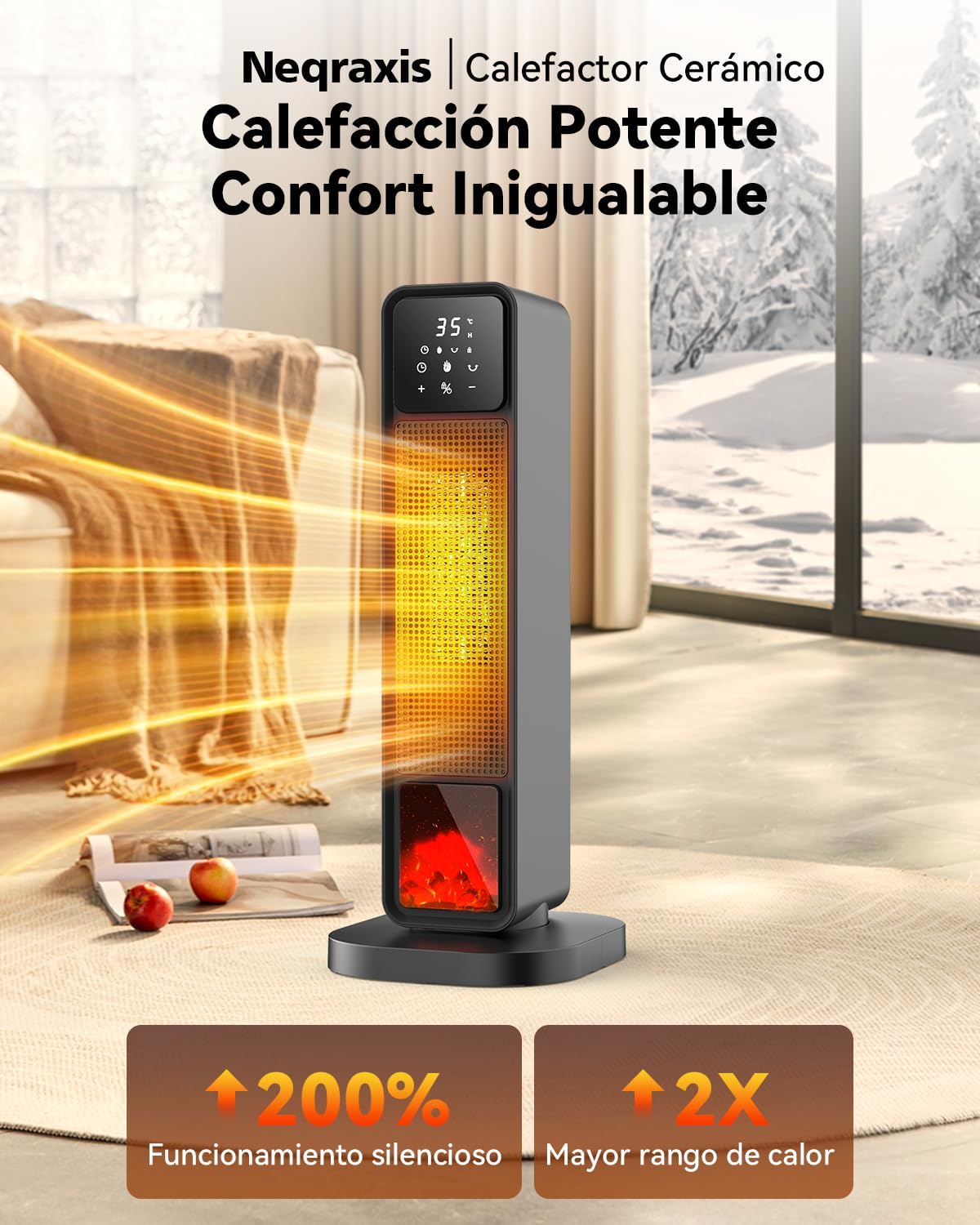Calefactor Bajo Consumo 2200W, Radiador Eléctrico Bajo Consumo con Imágenes de Chimenea 3D, Calefactor Electrico Cerámico PTC, Protección Antivuelco, Temporizador 12H Silencioso para Baño/Dormitorio