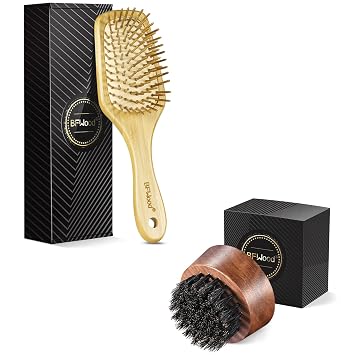 BFWood Bamboo Paddle Hairbrush and Round Beard Brush