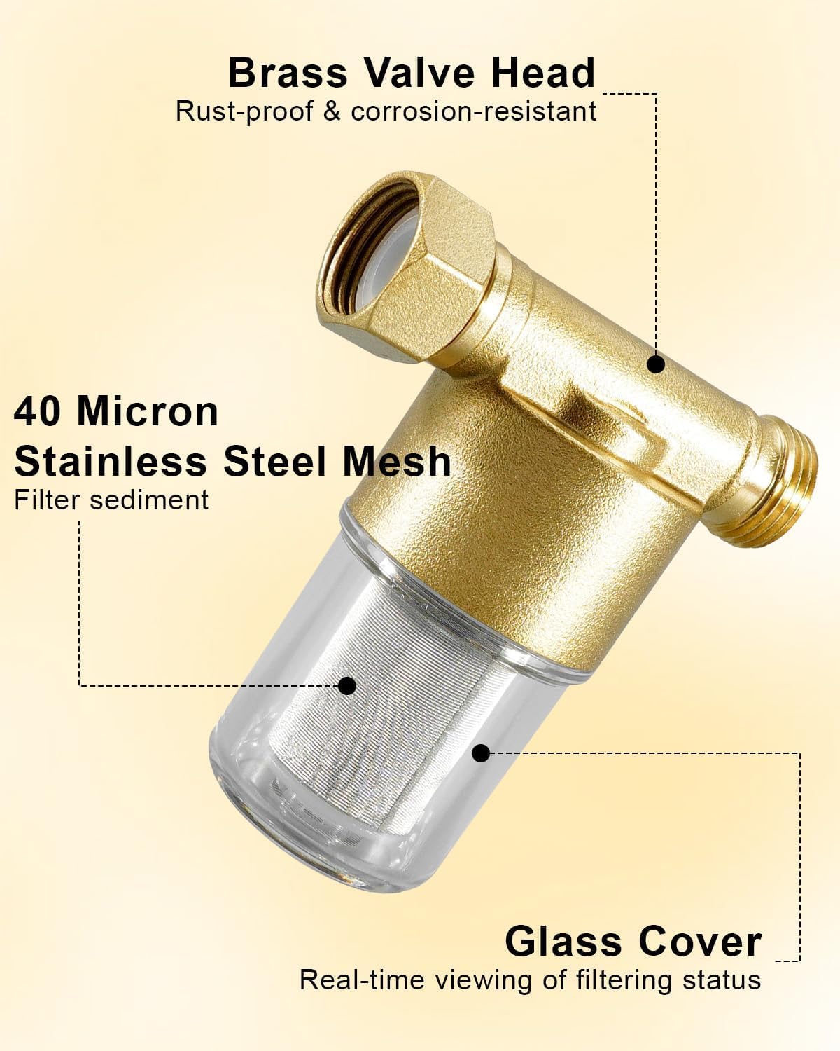 40 Micron Brass Sediment Filter, Inline Spin Down Sediment Water Filter for Washing Machine Heater Camping RV Garden, Reusable Garden Hose Filter with Pipe Sealant Tape, Anti Scale and Clogging