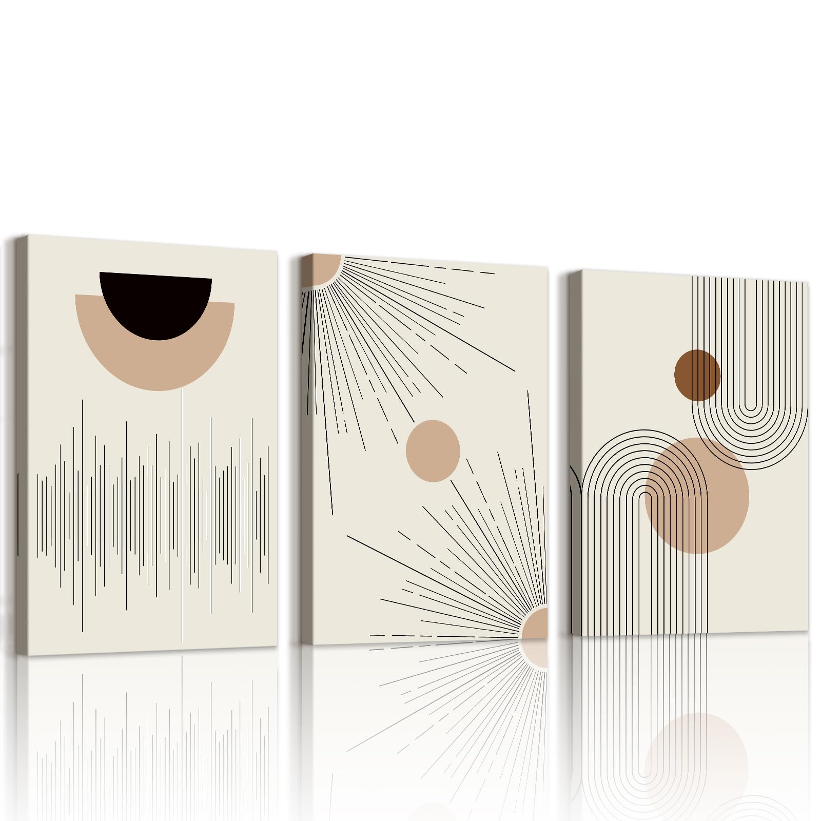 WENGTIAO Set of 3 Boho Abstract Geometric Line Canvas Wall Art Framed Pictures, Vintage Beige Brown Black Neutral Painting on Canvas for Modern Living Room Bedroom Wall Decor 30x40cmx3