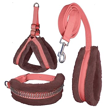 Payton Perry Dog Nylon Fur Harness, Collar & Leash Set, Adjustable (Chest Size - 27-32 INCH) (Medium, RED-Brown)
