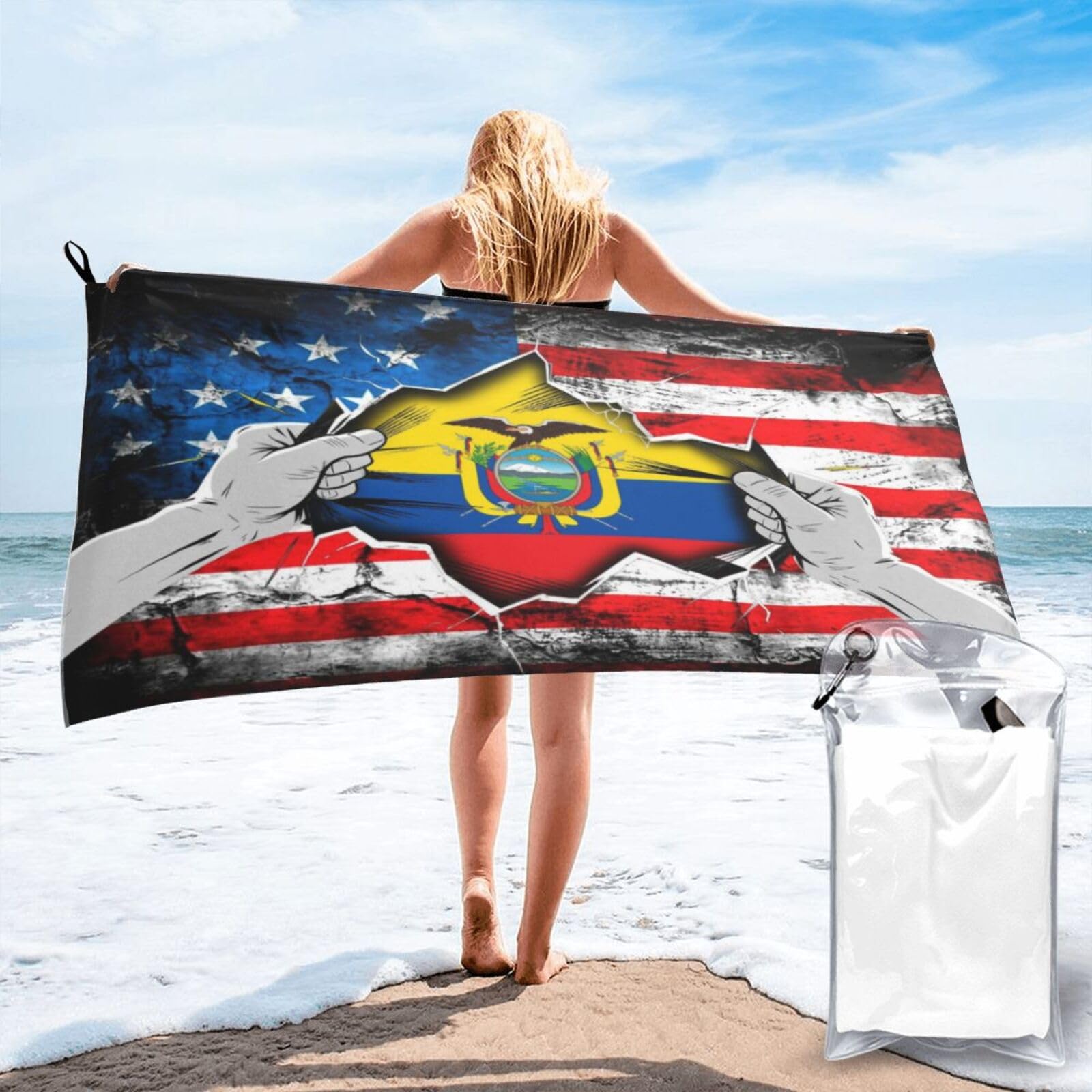HACXZ American and Ecuador Flag Vintage Beach Towel Lightweight Absorbent Beach Towel Microfiber 31.5"X63"