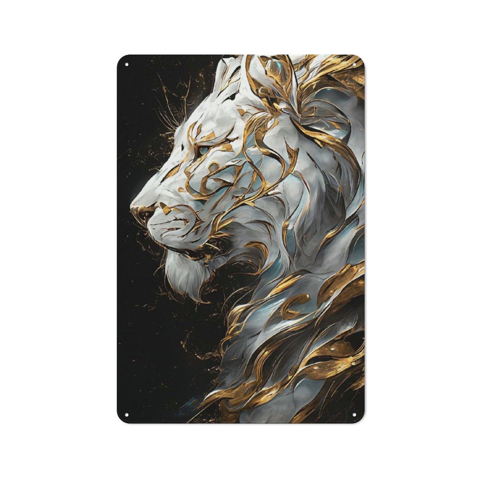 Junmoney Style-5 Tin Sign 30X20cm With Majestic White Lion With Gold Embellishments For Workshop Wall, Retro Decor, For Metal Sign Collectors, For Cafés, Pubs And Restaurants