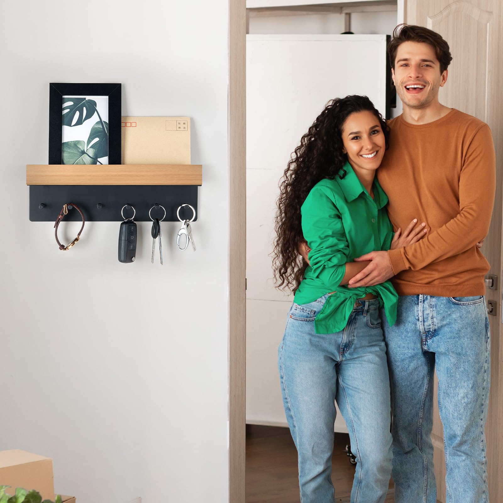 ANVODE Portachiavi in Legno con Ripiano, Portachiavi con 6 Ganci, per Ingresso, Corridoio, Cucina