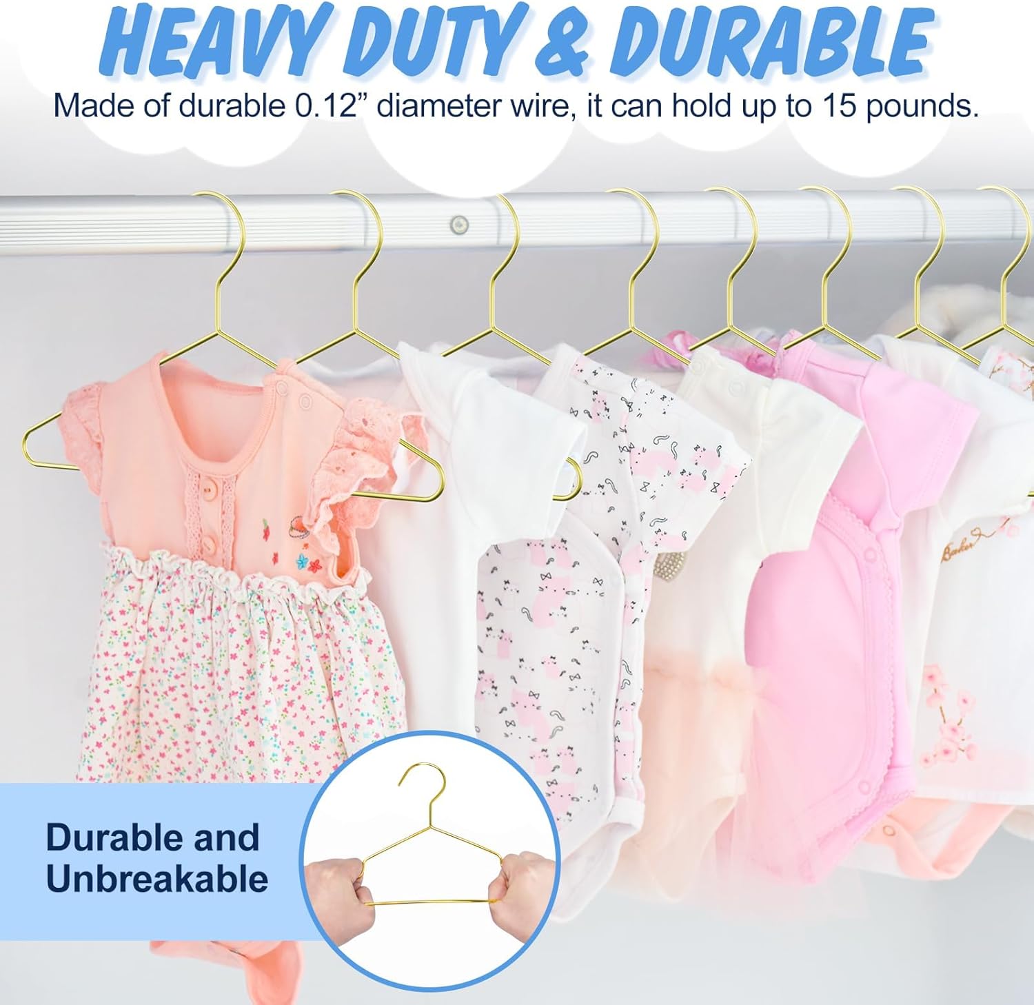 Gold Kids Hangers 12 Inch 60 Pack Strong Metal Wire Baby Clothes Hangers, Heavy Duty and Space Saving Infant Hangers for Toddler Chirldren Coats, Pants