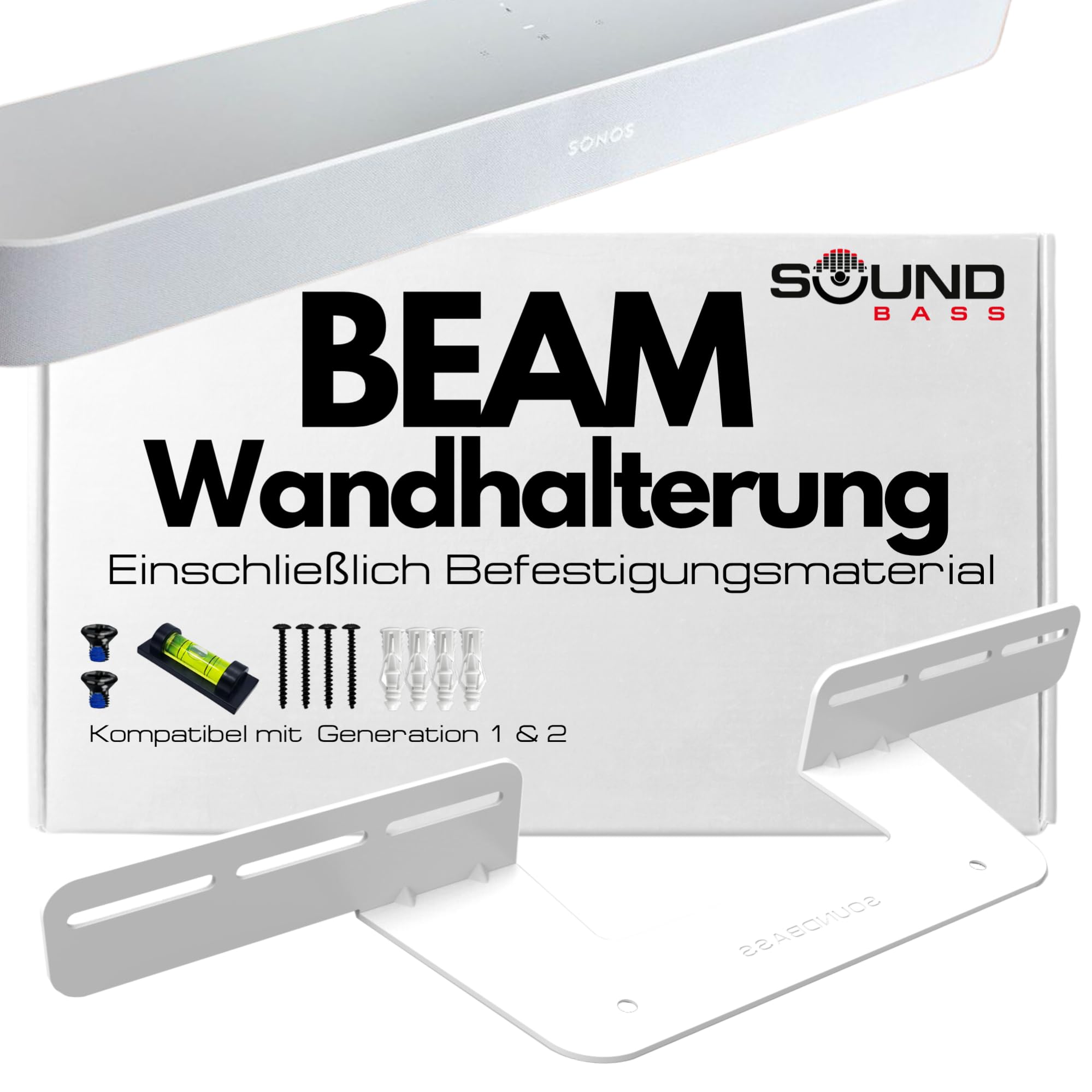 Sound bass Soundbar-Halterung für Sonos Beam, Kompatibel mit Generation 1 & 2 Sonos Beam Soundbar, Inklusive sämtlichem Montagematerial, Halterungsbügel, Weiß