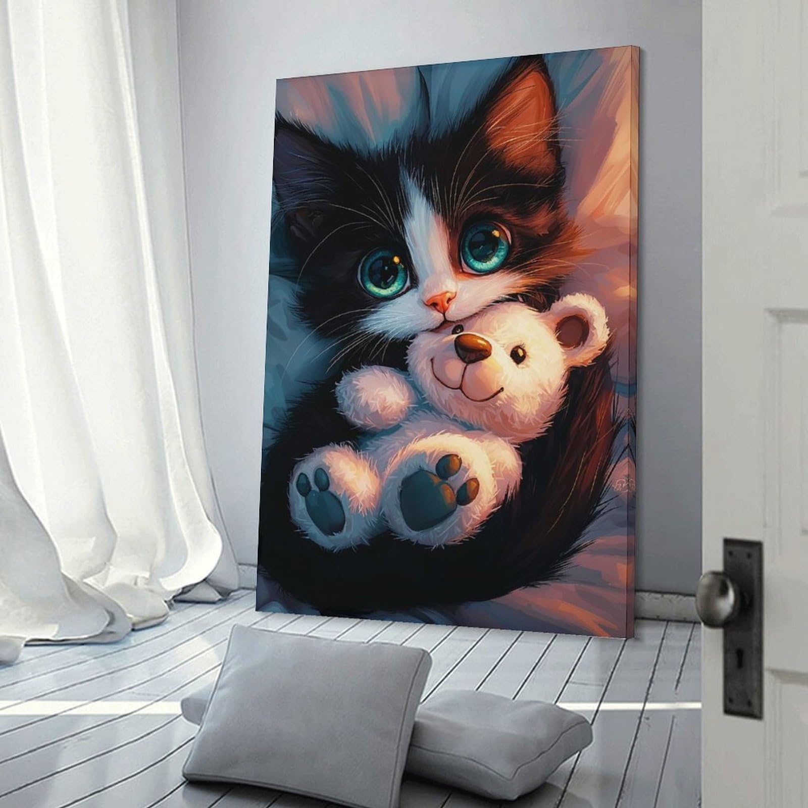 Junmoney Cute Kitten with Teddy Bear Home Decor Wall Art 20x30inch(50x75cm), for Hallway, Bedroom Or Modern Interiors, Canvas Artwork with Gifting Potential