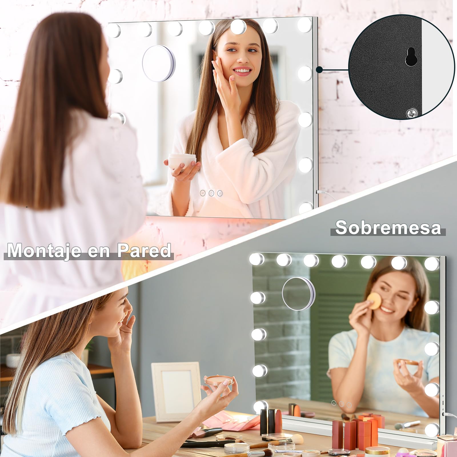 Dripex Espejo Maquillaje con Luz Grande 58x45 cm LED Dimmable 3 Colores 10X Aumento Puerto USB