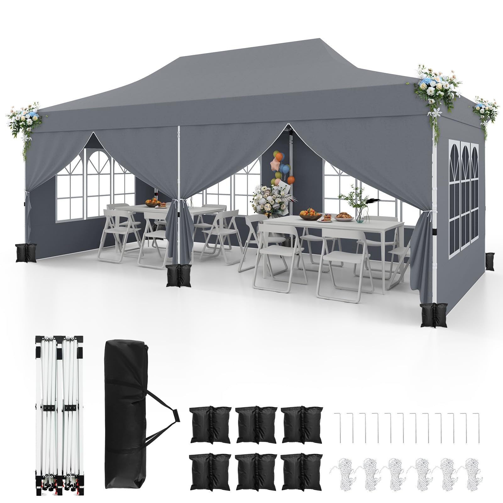 COSTWAY 3m x 6m Pop Up Gazebo, Outdoor Garden Shelter with 6 Sidewalls and Carrying Bag, UPF50+ Waterproof Marquee Party Tent Wedding Awning Canopy (Grey, 600 x 300 x 296-316 cm) — image 1