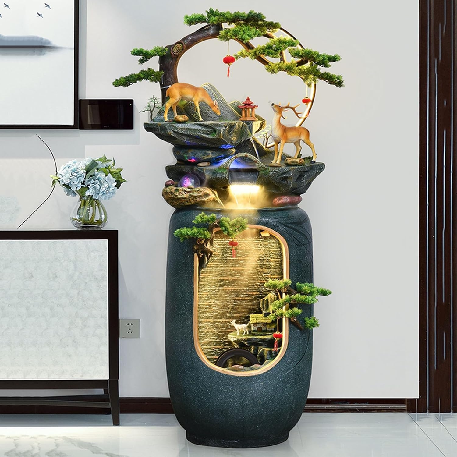 Water Feature Outdoor Floor Standing Waterfall Indoor Fountain, For Home Office Landscape Decor Fengshui Gift with Atomiser, LED Light and Fake Plant, Modern Design for Home and Garden Decoration Wate