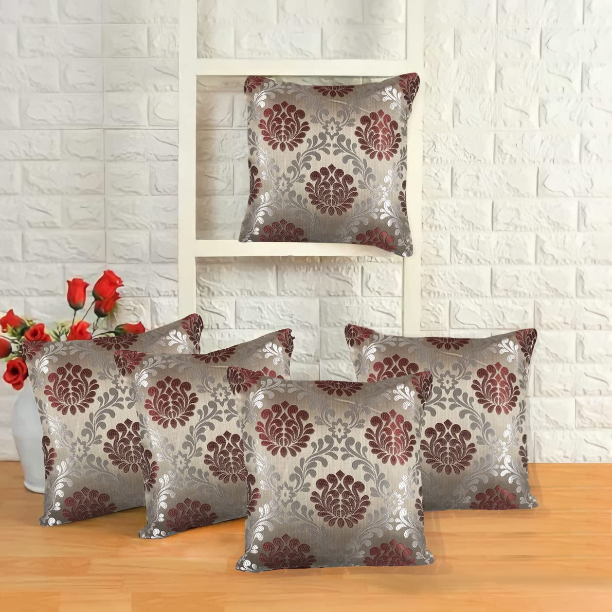 IM FAB® Jacquard Jupiter Design Maroon Cushion Cover Set of 5 Pcs (16x16 inchs or 40x40 cm)