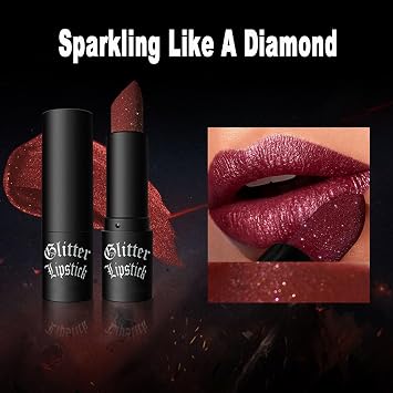 Diamond Glitter Lipstick - Moisture Tinted Lip Balm, Dark Red High Shine Gloss for Women, Sparkling High Pigment Non-Stick Cup, Shimmer Make up