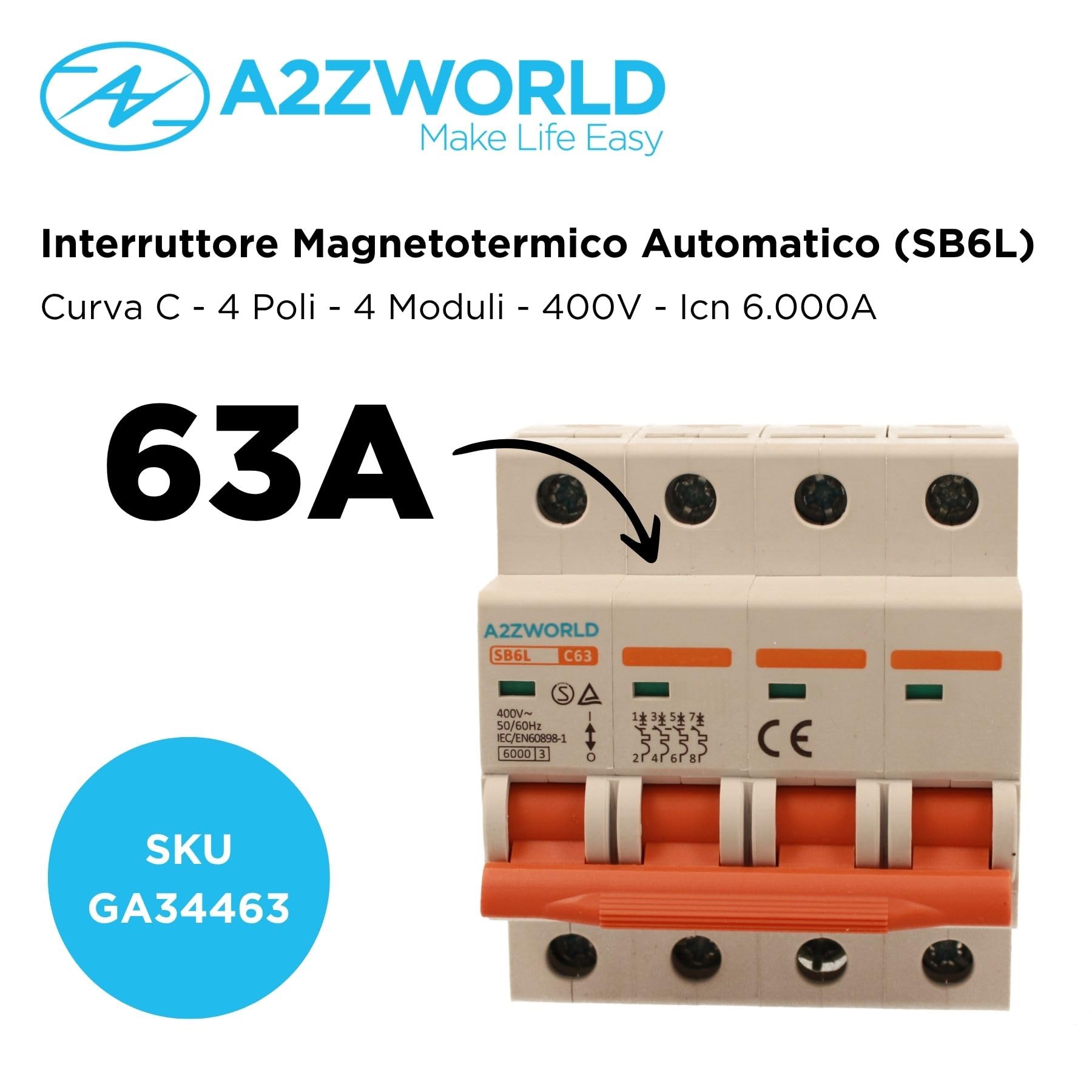 Interruptor magnetotérmico trifásico, MCB 380 V 4P 63 A C63, curva C 6 kA, 4 módulos DIN