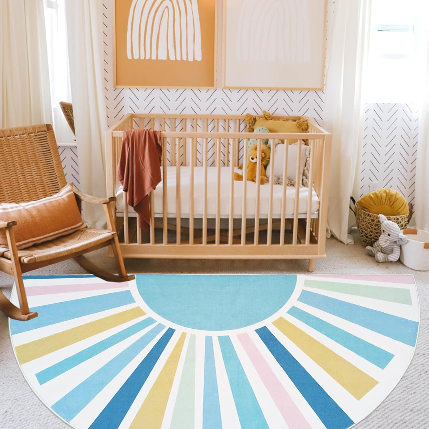 Half Circle Boho Sun Rug 3x6Ft Half Round Kids Play Mat for Bedroom Playroom, Semicircle Carpet for Boys Girls Nursery Mat Classroom Living Room Decor, Half Moon Doormat, Blue