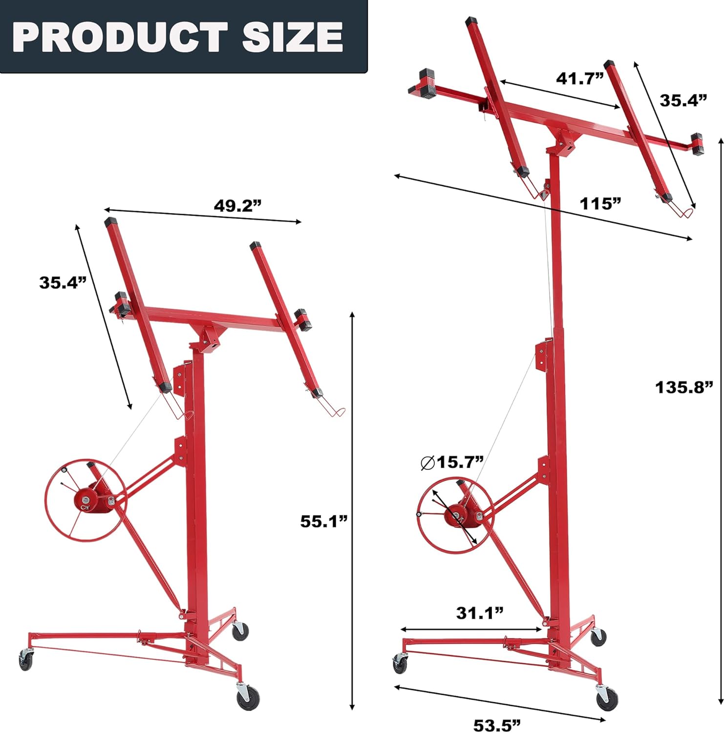 11FT Drywall Lift, 150LB Capacity Sheetrock Panel Hoist, Sheetrock Lifter tools with 3 Lockable Caster Wheels, 360° Rotatable Telescopic Arm for Ceiling Work (Red, 11FT)