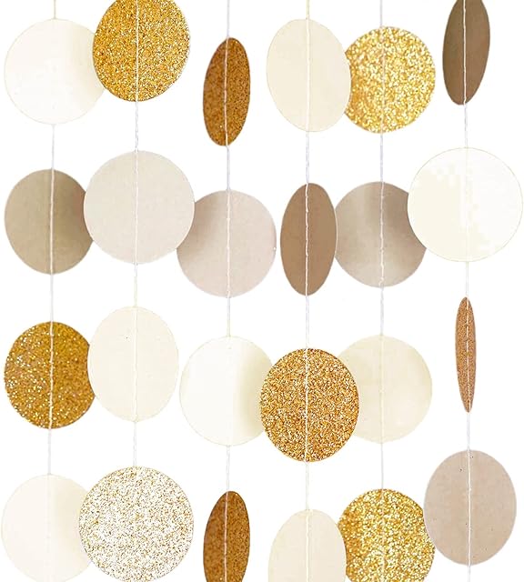 NICROHOME Gold White Party Decorations, 3 PCS Circle Dots Paper Garland Streamers Kit for New Years Eve Decorations 2023, Rustic Wedding, Birthday, Neutral Baby Shower, 10 Fts