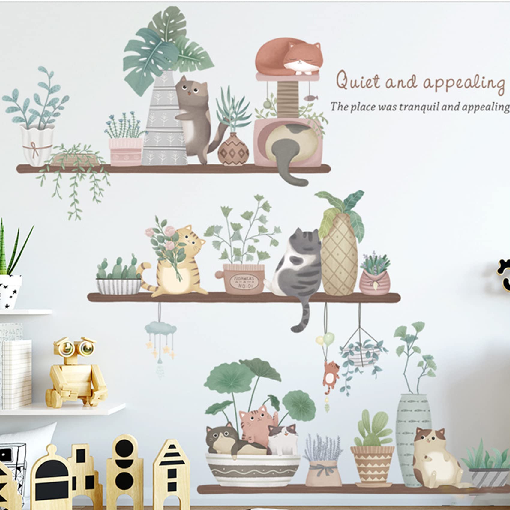 Cute Cat Stickers Plant Wall Decals, Watercolour Removable Cat Flowerpots Plant Leaves, Self-Adhesive Vinyl Art Decor Murals for Children Babies Living Room TV Background Bedroom